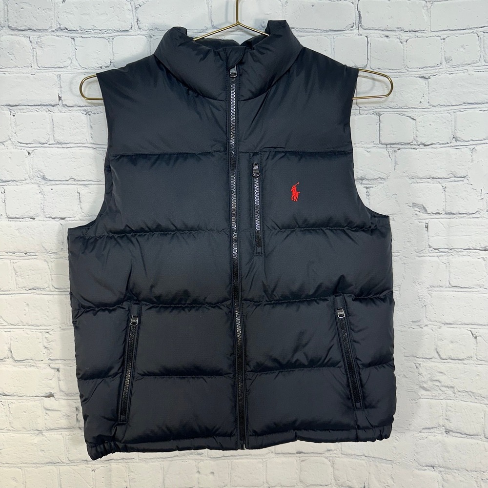 Polo Ralph Lauren Kids Black Puffer Vest Red Pony Logo Size M 10-12 Full Zip